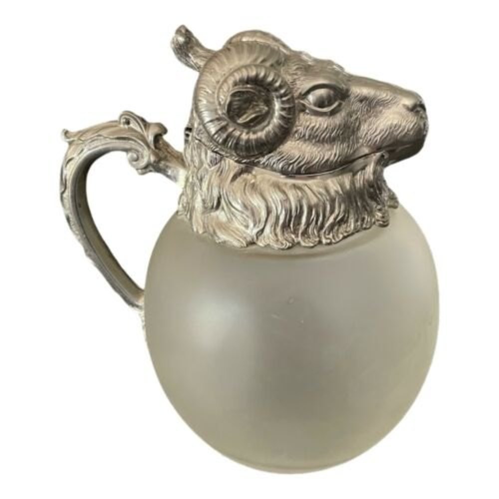Vintage Silver Plate Rams Head Frosted Glass Pitcher Wine Decanter Claret Jug
